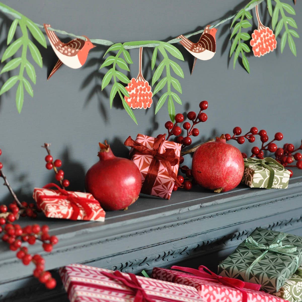 Cambridge Imprint paper garland of robins and red rowan berry sprigs, view 2