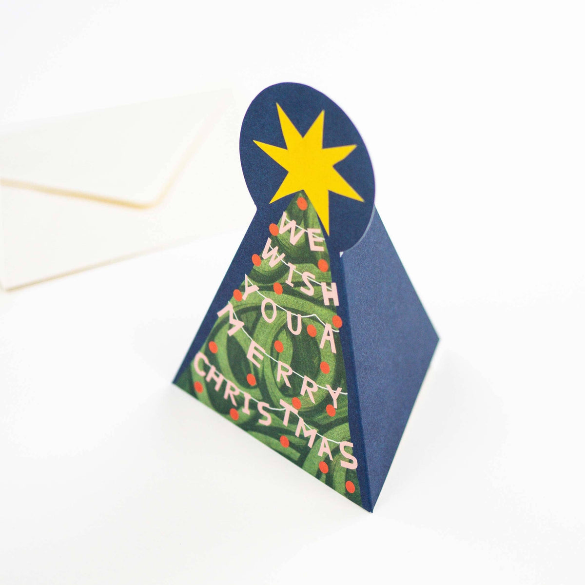 Hadley star topped Christmas tree card standing with sides folded out detail
