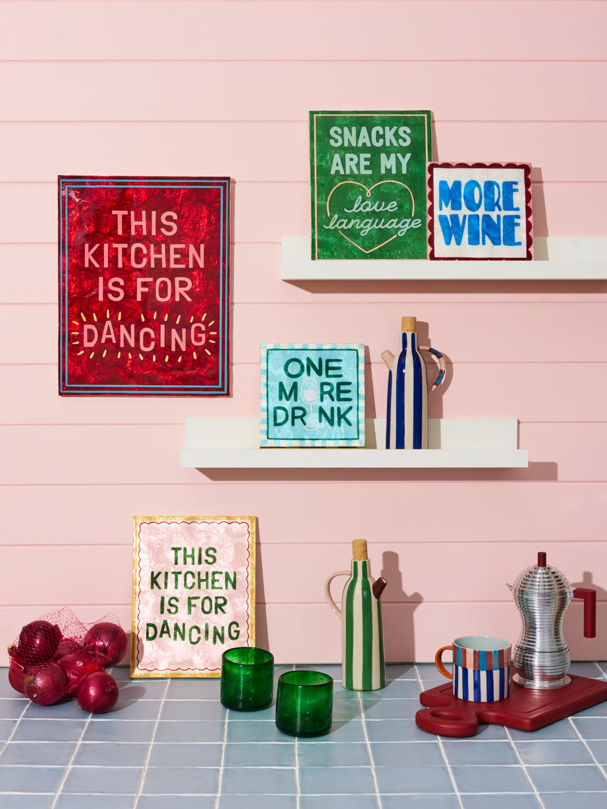 Hand painted capiz kitchen wall tile styled with homewares