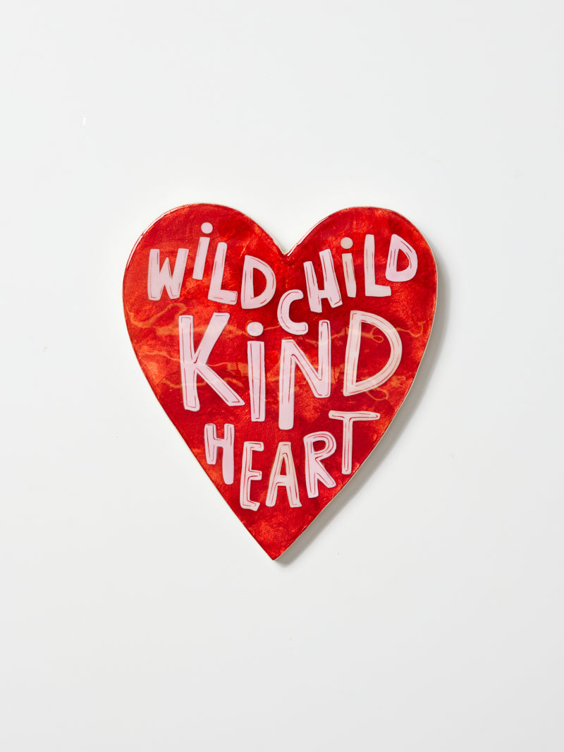 Wild Child Kind Heart Wall Tile, heart shaped hand painted capiz shell wall tile with Wild Child Kind Heart lettering