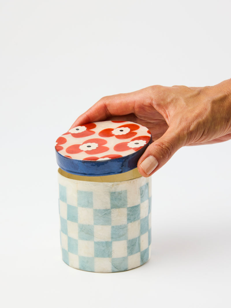 Blue Gingham Trinket Box Medium, hand painted capiz shell box with blue gingham sides and red flowers on the lid