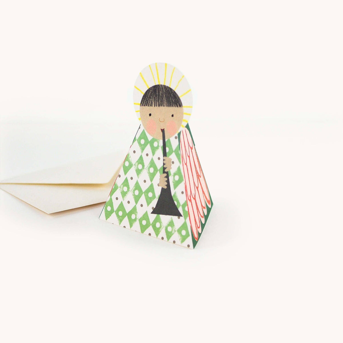 Hadley green choir angel card standing with wings folded out detail