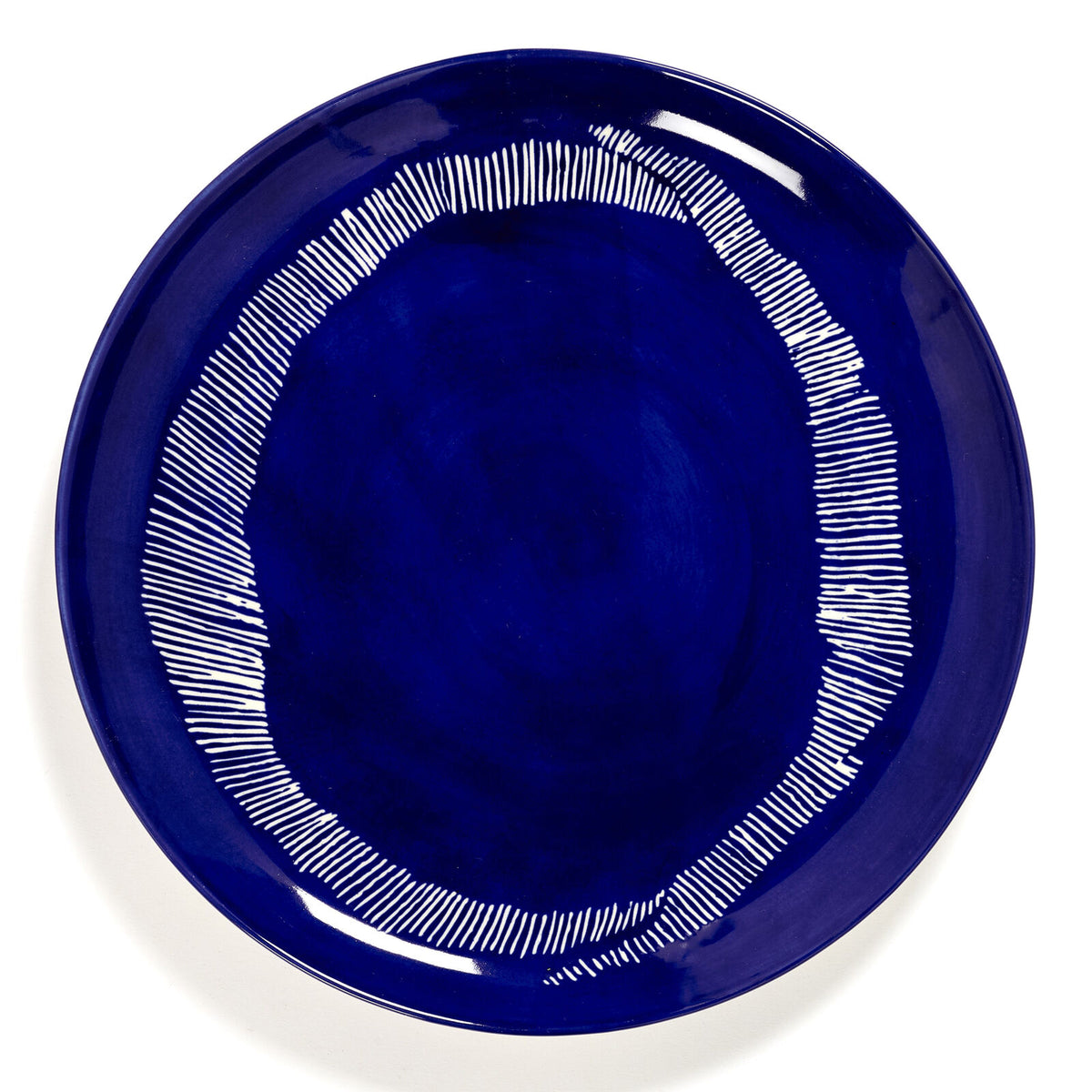 Ottolenghi FEAST large ceramic dinner plates in ultramarine blue with white brushstroke stripes, set of 2, by Serax