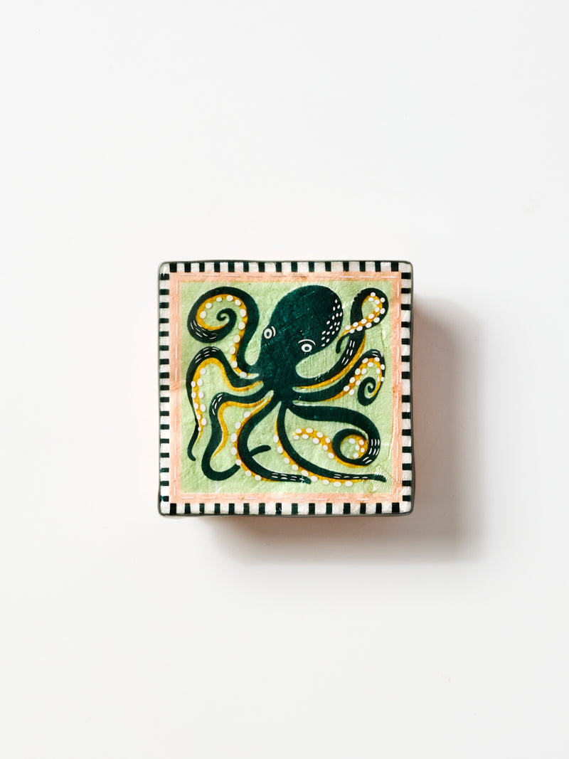 Side view of the hand painted octopus capiz shell box