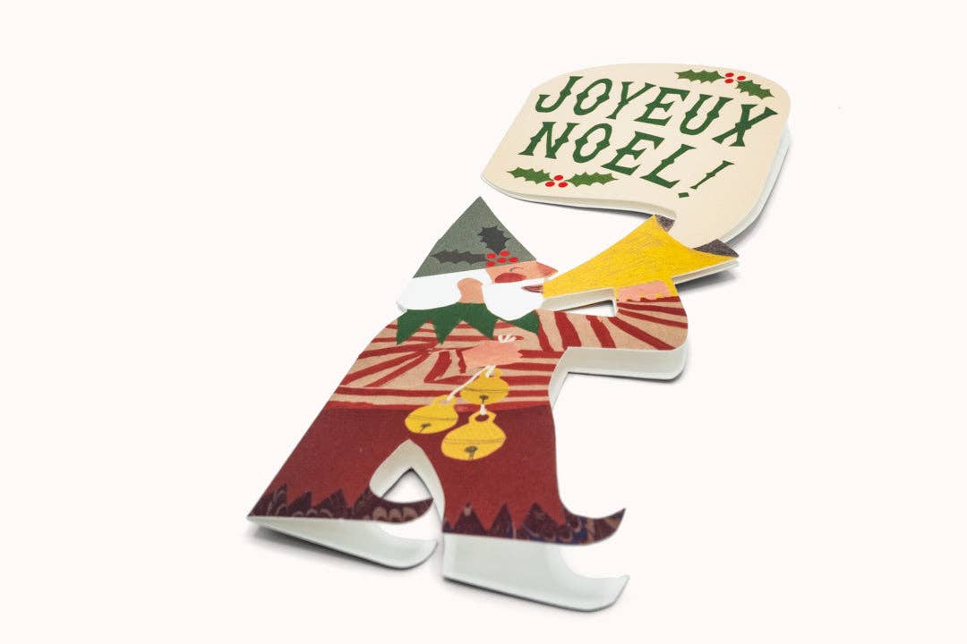 Hadley hand painted Christmas elf card with marbled pointy shoes playing a trumpet detail