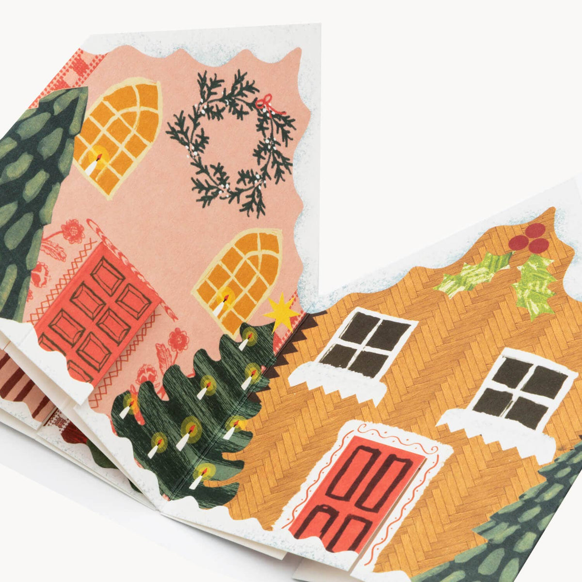 Hadley concertina card unfolded into a row of snowy Scandi style Christmas houses detail