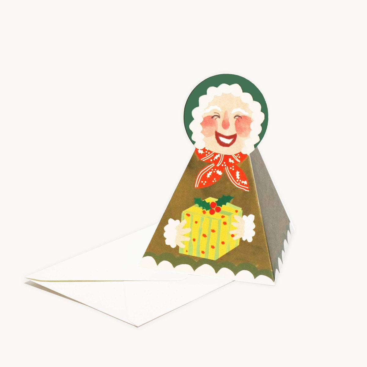 Hadley hand painted Mrs Claus stand up Christmas card holding a wrapped gift detail