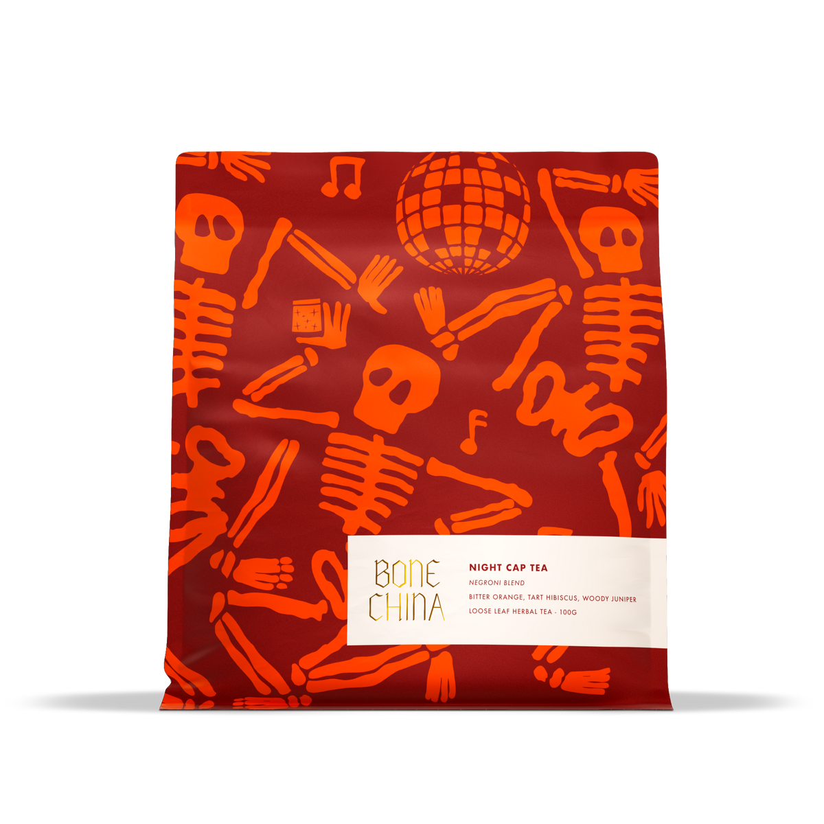 Bone China Negroni Night Cap non alcoholic tea 100g loose leaf pouch with toile print and gold logo