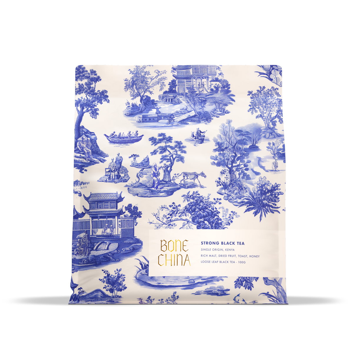 Bone China Strong Black Tea 100g loose leaf pouch in a blue and white chinoiserie toile print with gold logo