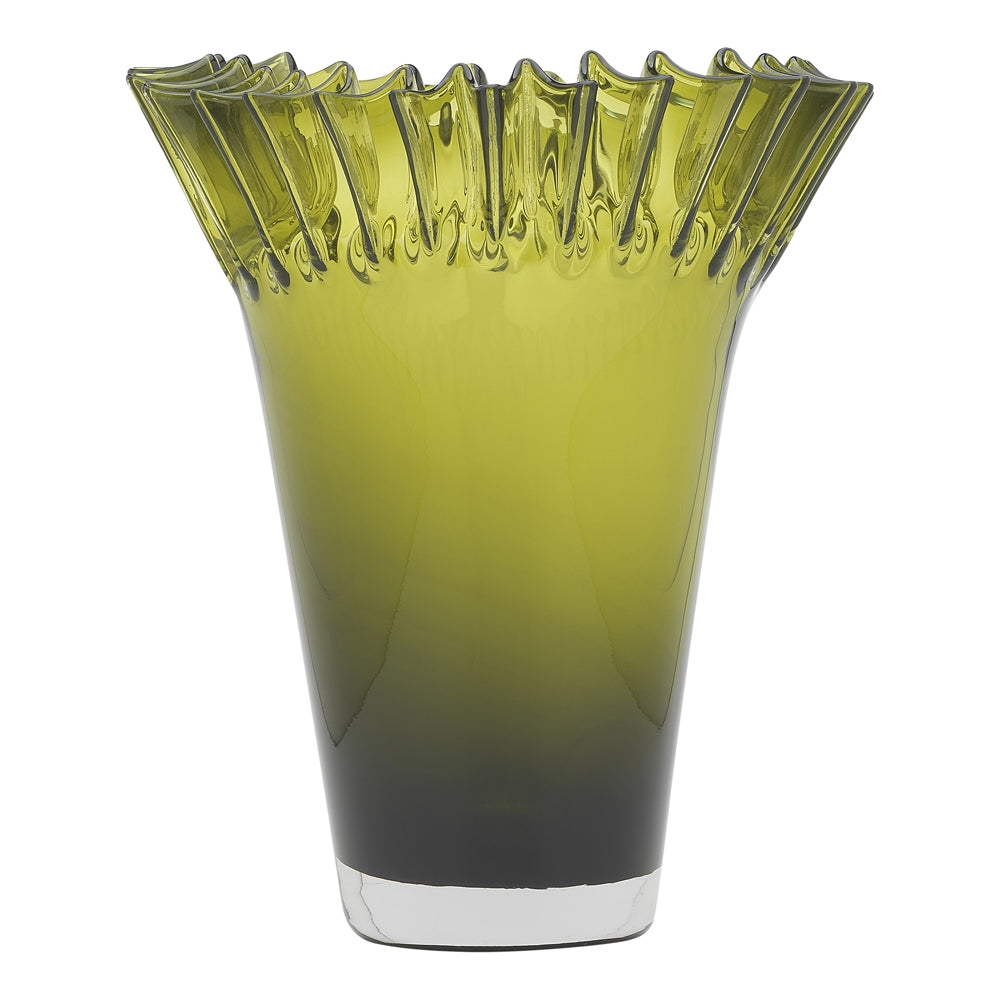 Tall transparent green fluted glass vase with a pleated rim