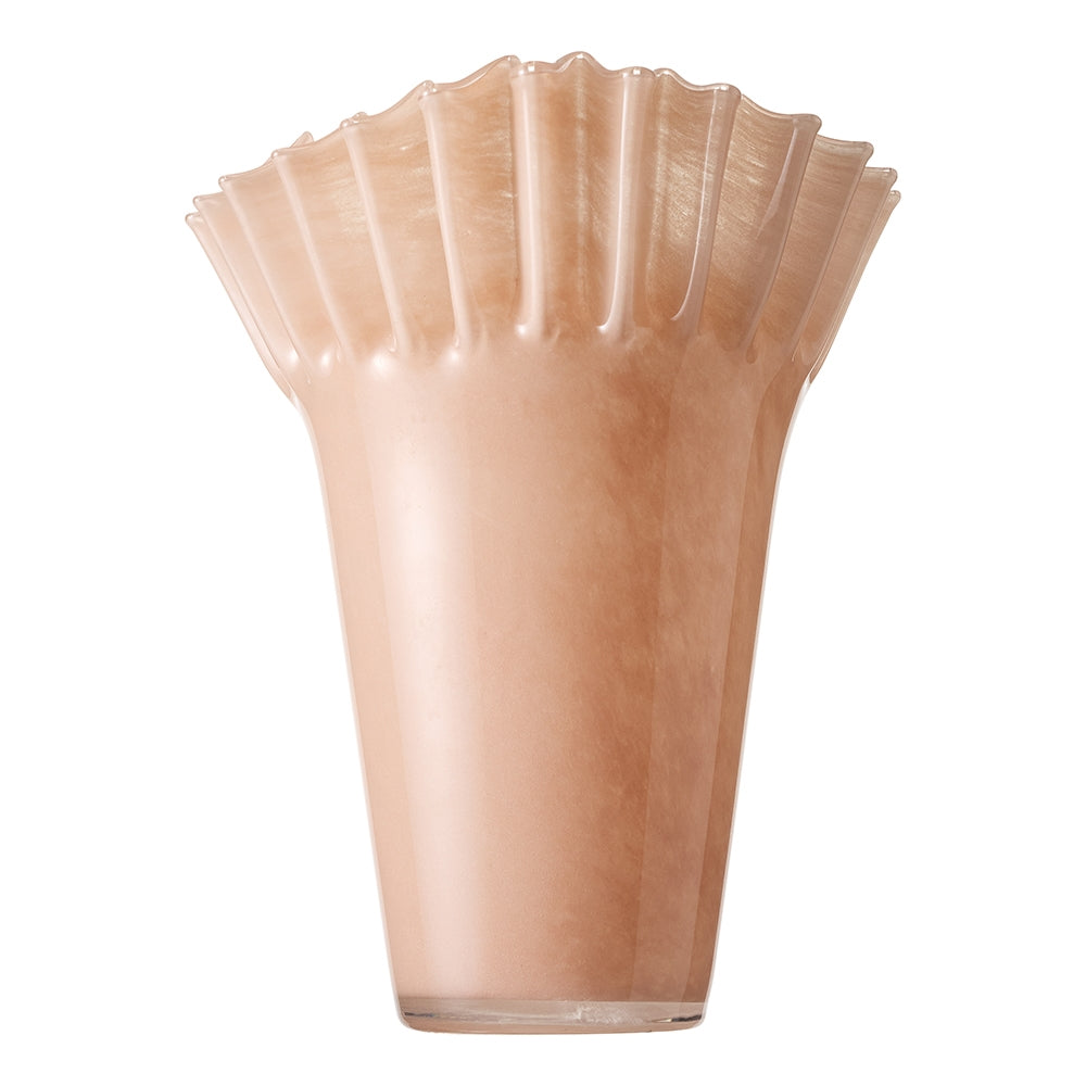 Tall pink fluted glass vase with a decorative edge