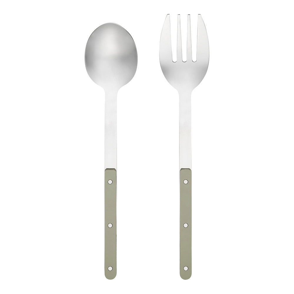 Two piece stainless steel serving set with sage green riveted handles