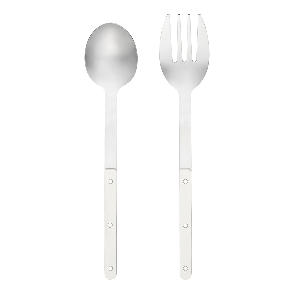 Two piece stainless steel serving set with vanilla cream riveted handles