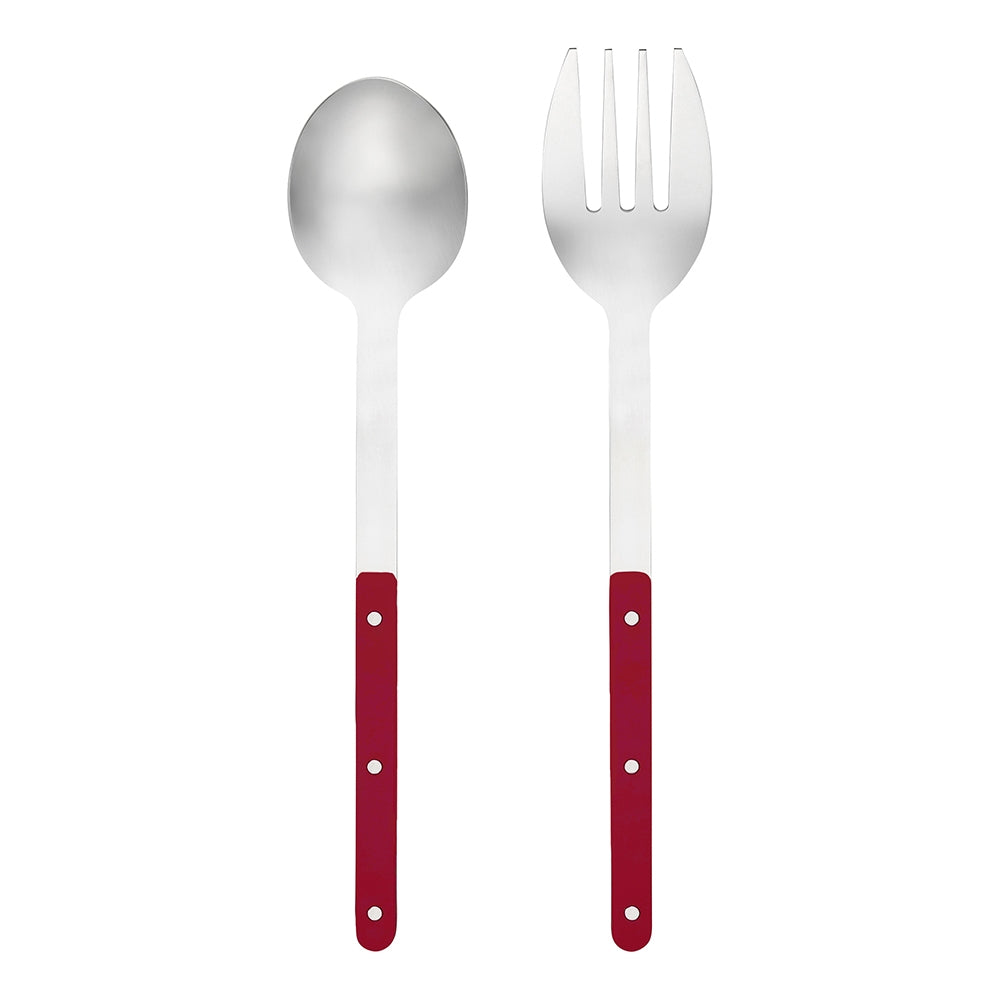Pair of stainless steel salad servers with ruby red riveted handles