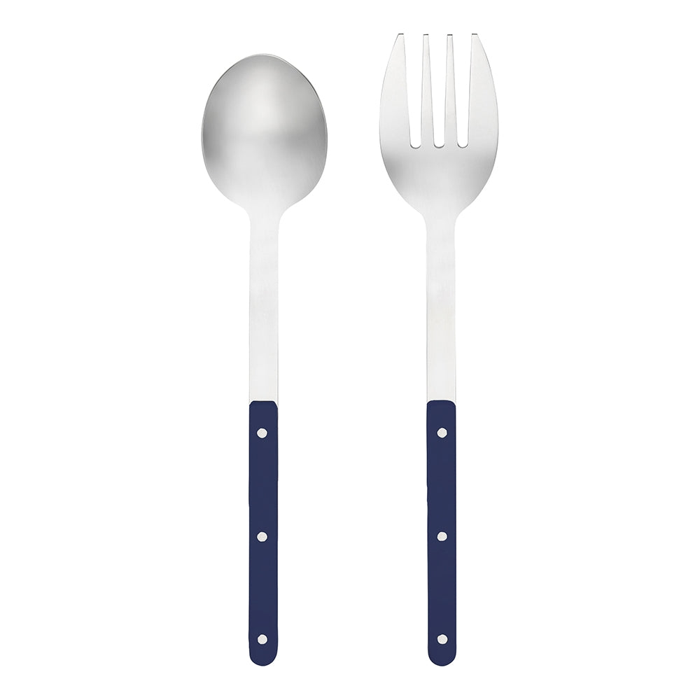 Pair of stainless steel salad servers with navy blue riveted handles