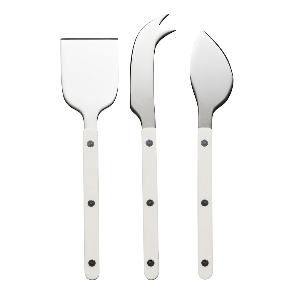 Three cheese knives with vanilla cream riveted handles: a cleaver, a fork tipped knife and a spreader