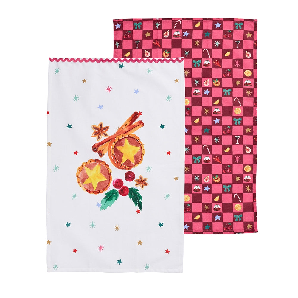 Two cotton tea towels with a mince pie Christmas print