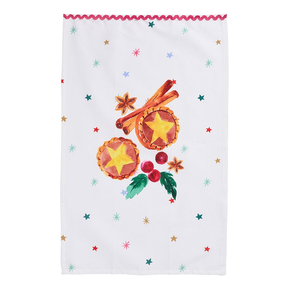 Two cotton tea towels with a mince pie Christmas print