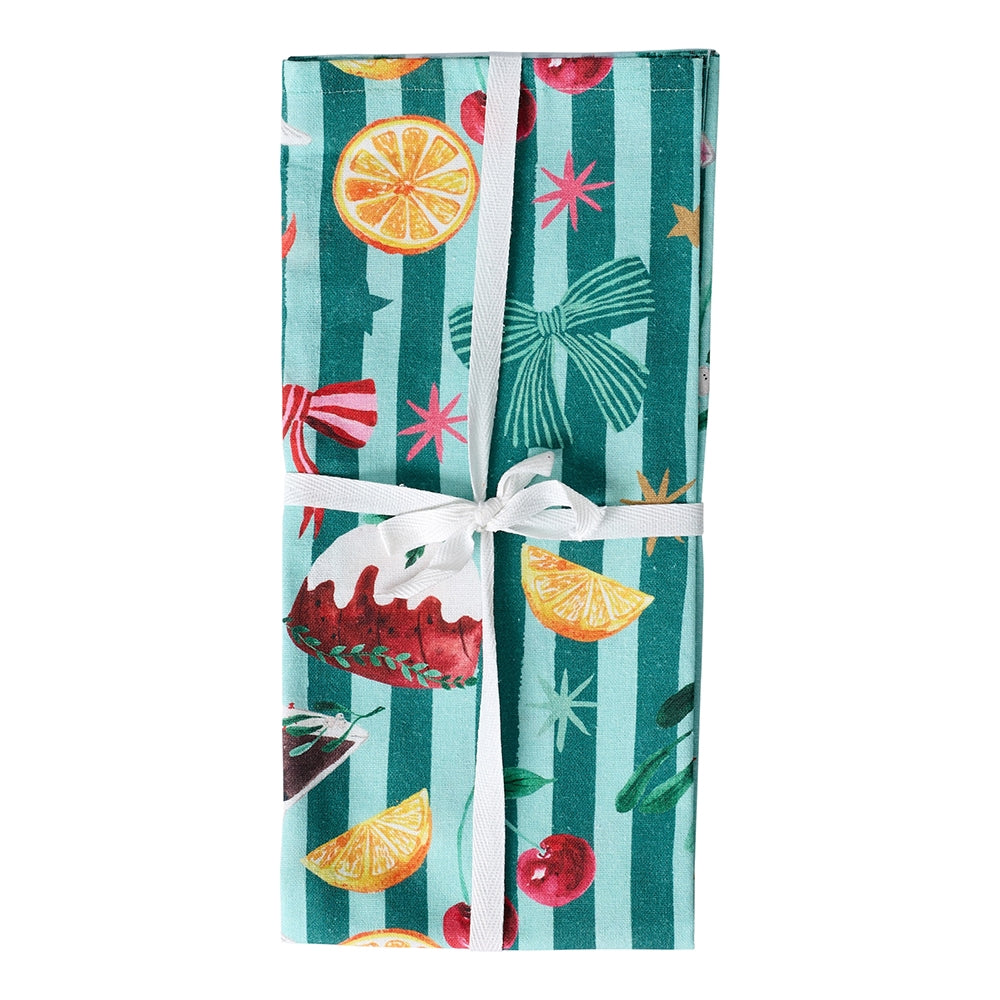 Two cotton tea towels with a Christmas pudding print