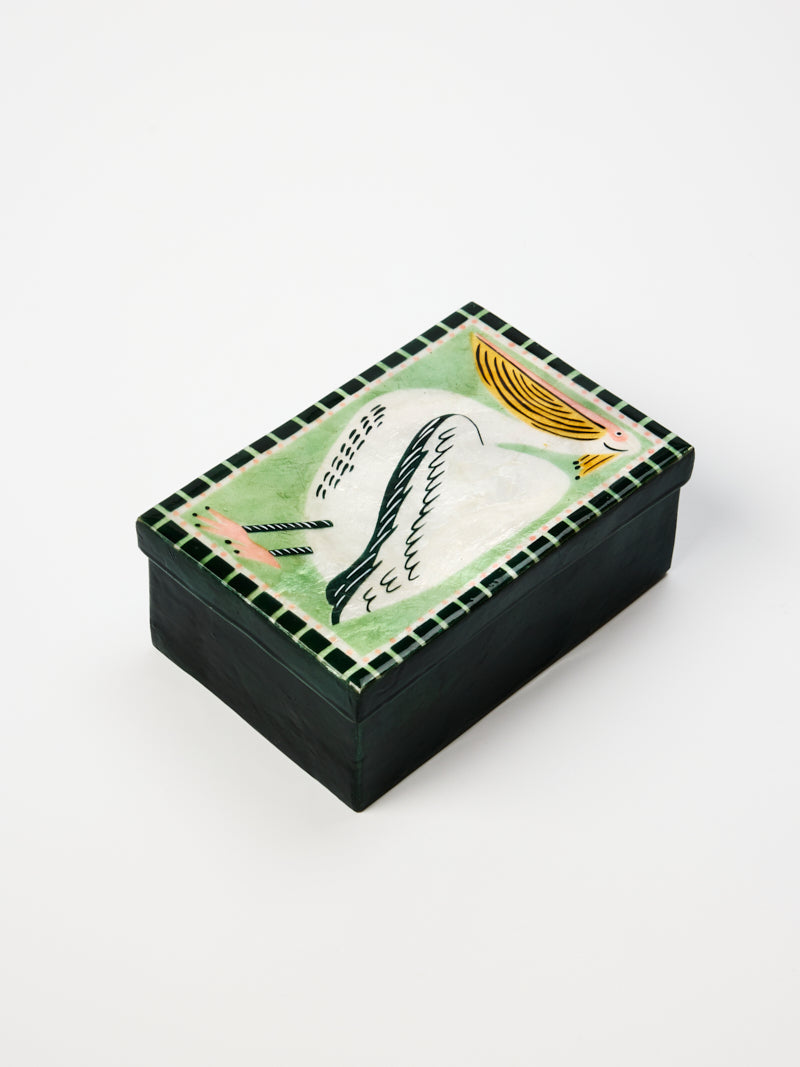 Pelican Keepsake Box, hand painted capiz shell keepsake box with a pelican in sage, ochre and green