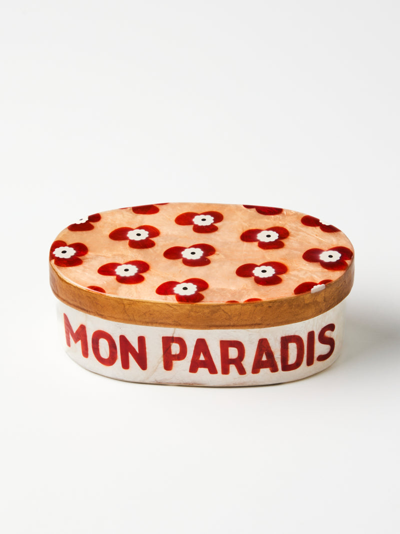 Mon Paradis Jewellery Box Large, hand painted capiz shell jewellery box in blush pink florals with Mon Paradis lettering