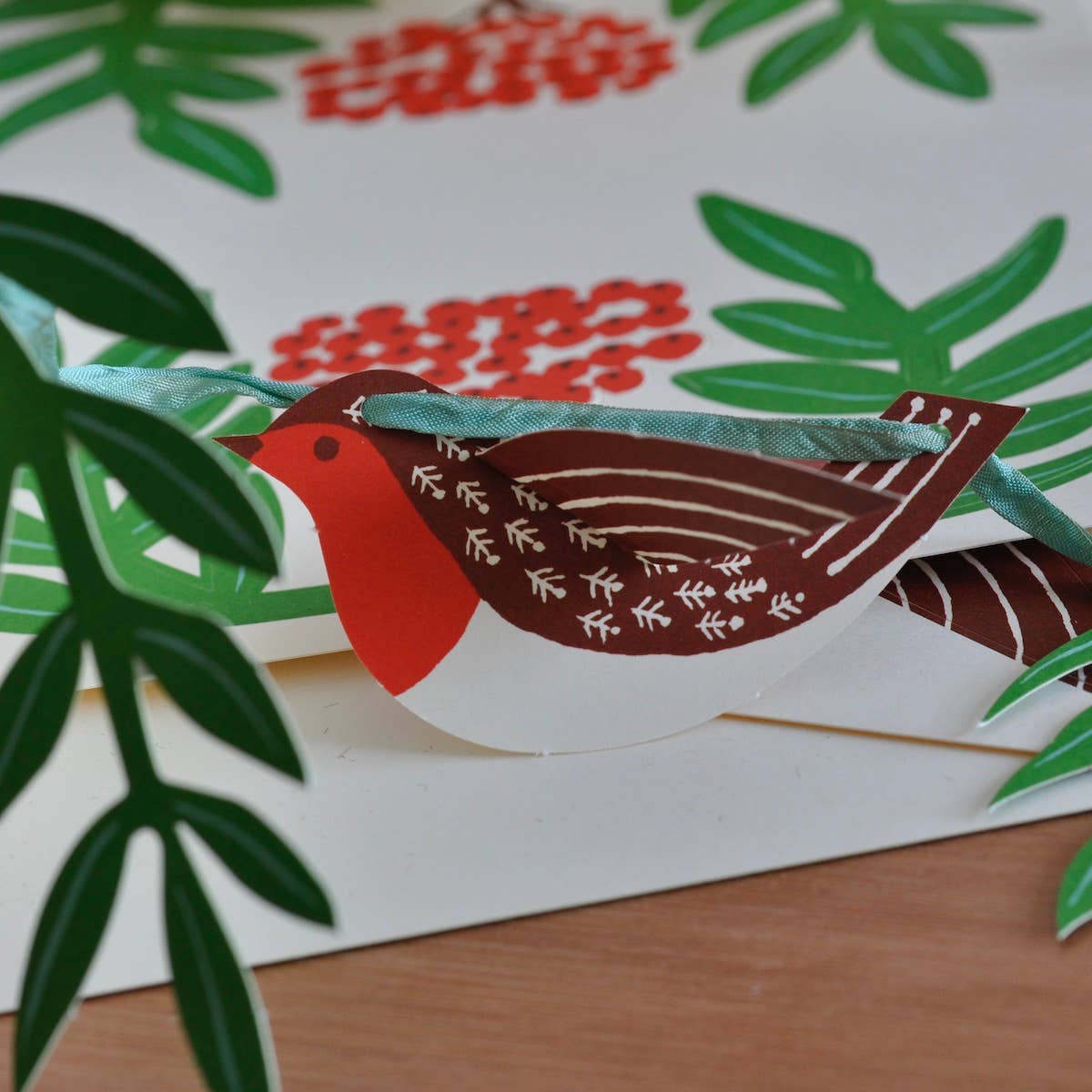 Cambridge Imprint paper garland of robins and red rowan berry sprigs, view 3