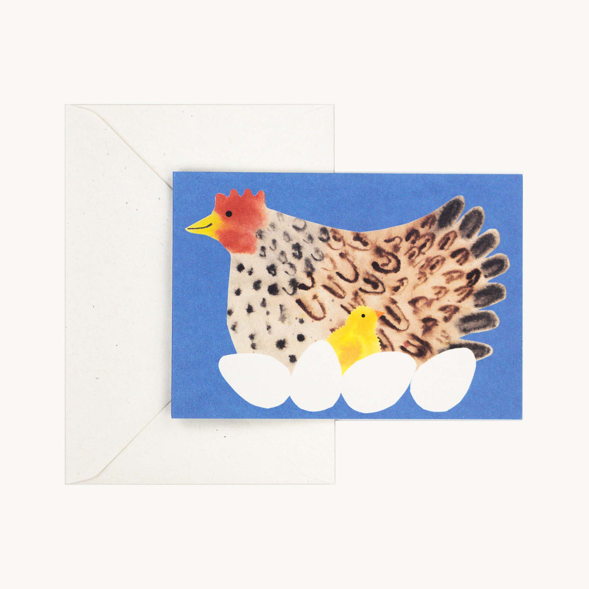 Hadley greeting card of a plump hen with her chick and a clutch of eggs