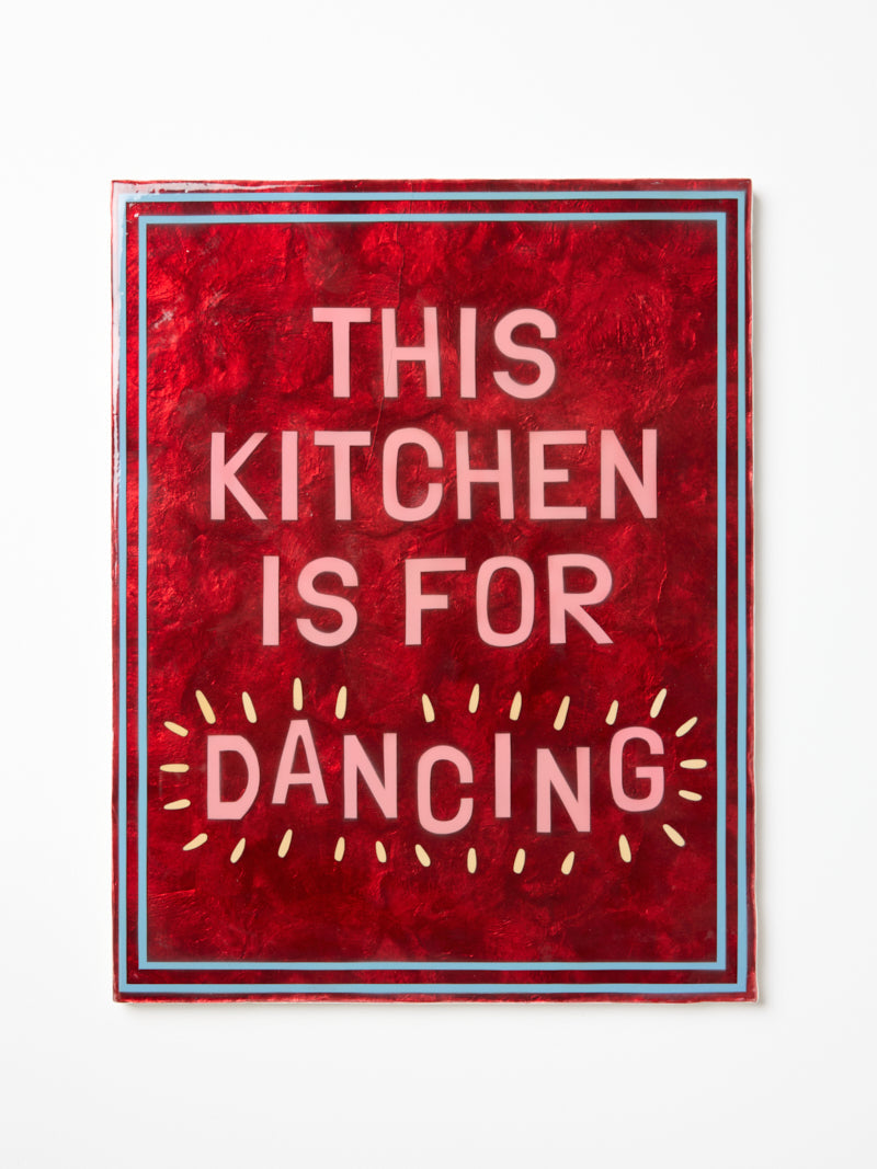 This Kitchen Is For Dancing Wall Tile Large, hand painted capiz shell wall art in berry with pink lettering