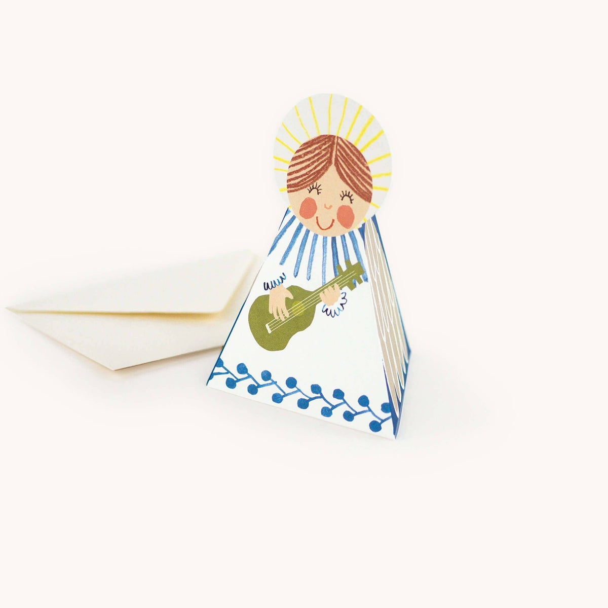 Hadley blue choir angel card standing with wings folded out detail
