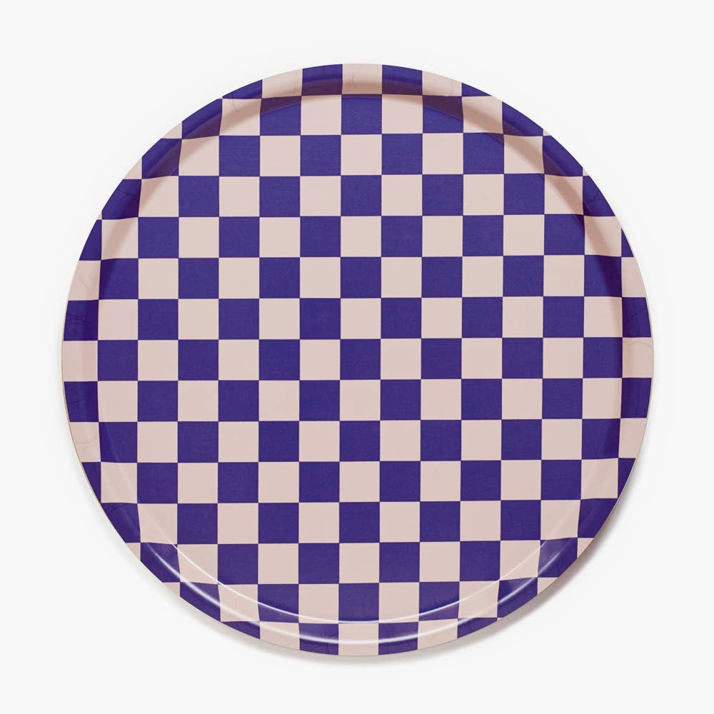 Indigo / Almond Checker Round Serving Tray - 38 cm