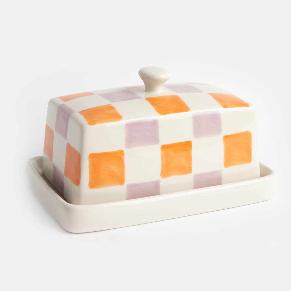 Orange/Lilac Check Butter Dish