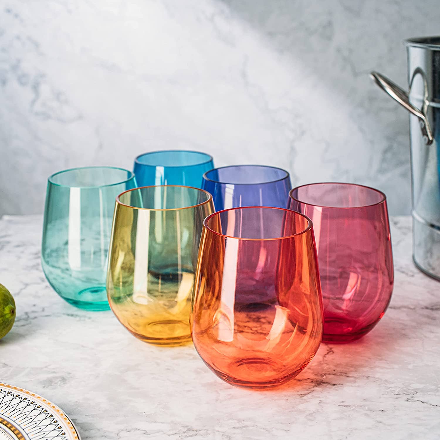 Unbreakable Coloured Stemless Wine Glasses - Set of 6