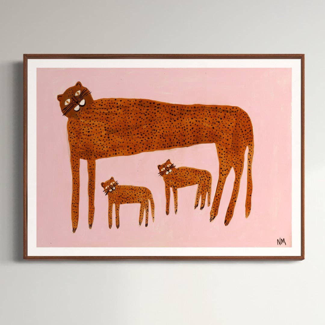 Leopard & Babies on pink by Nancy McKie - unframed