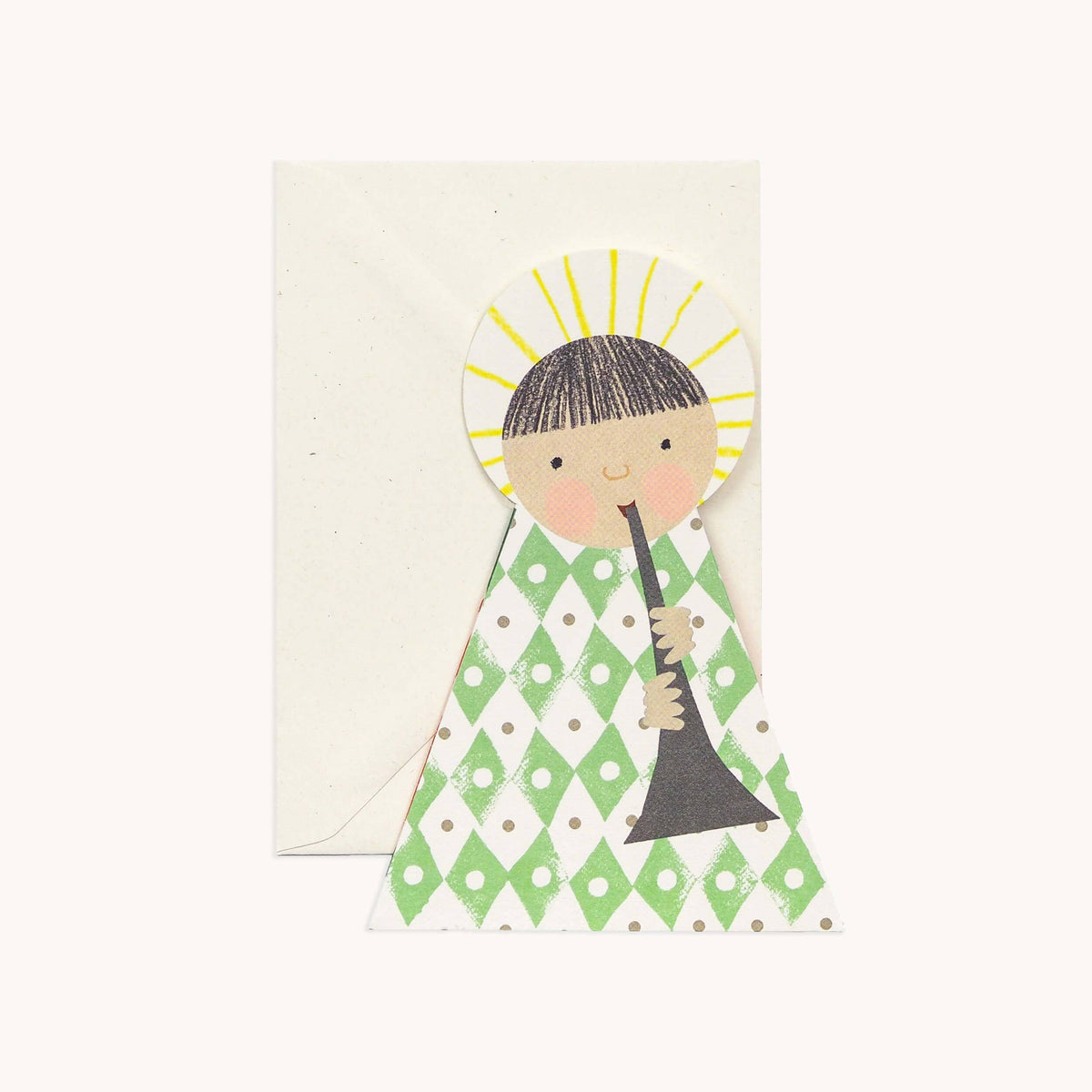Hadley green choir angel card standing with wings folded out
