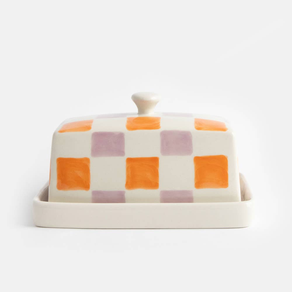Orange/Lilac Check Butter Dish