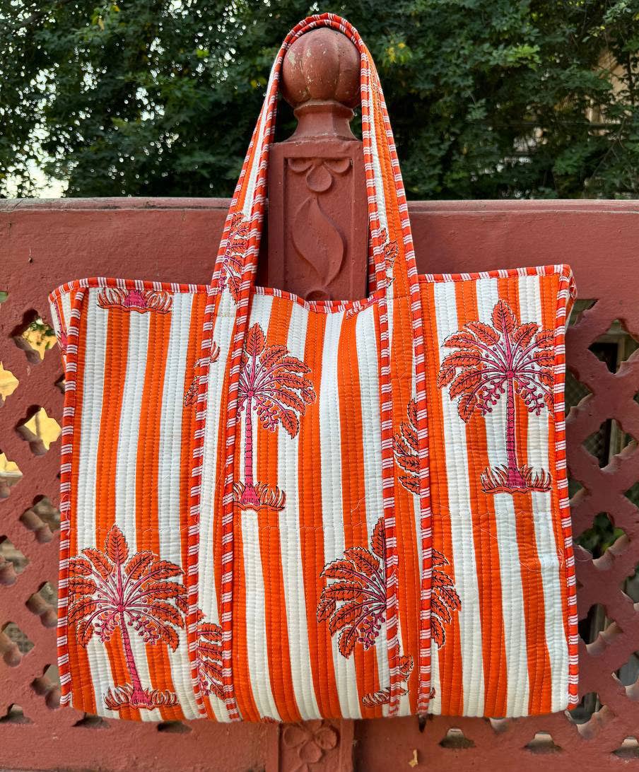 Cotton Palm Tote Bag - Orange & Pink