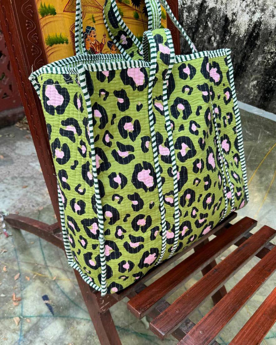 Cotton Leopard Tote Bag - Green