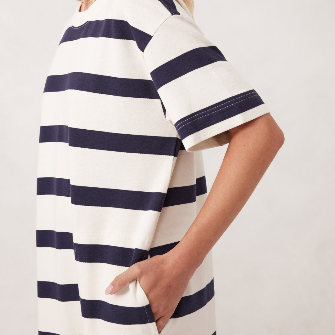 Midi Terry Dress - Navy and White Stripe