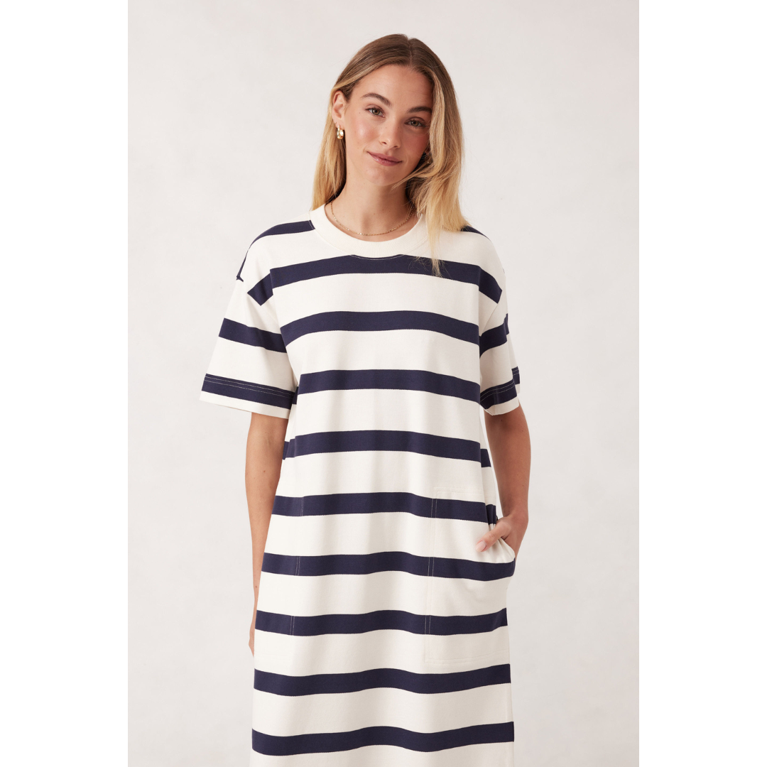 Midi Terry Dress - Navy and White Stripe