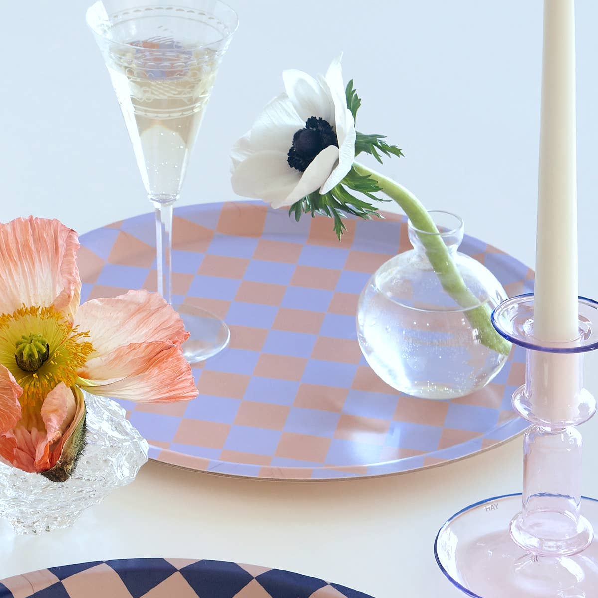 Checker Lilac/Peach Round Serving Tray - 31 cm