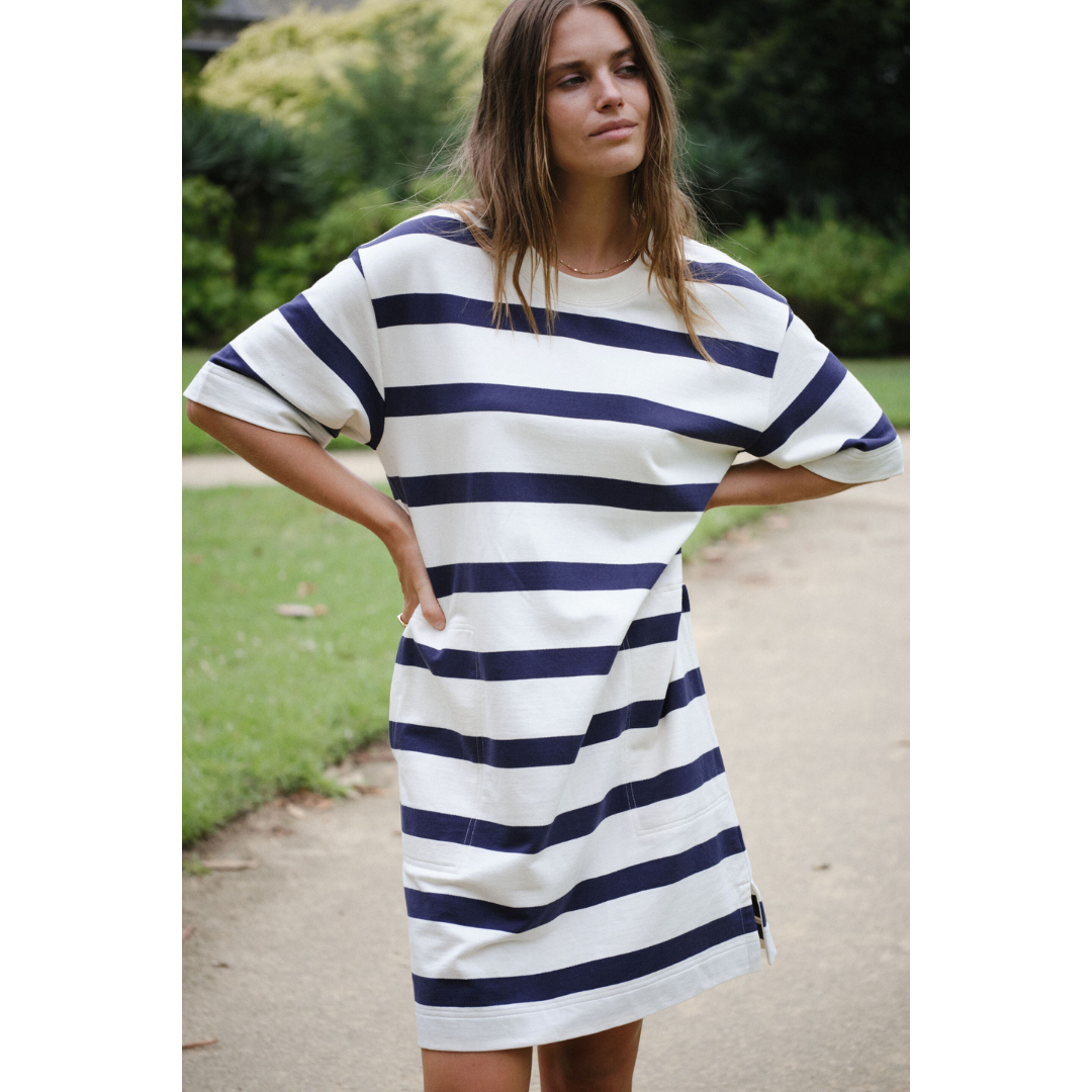 Mini Terry Dress - Navy and White Stripe