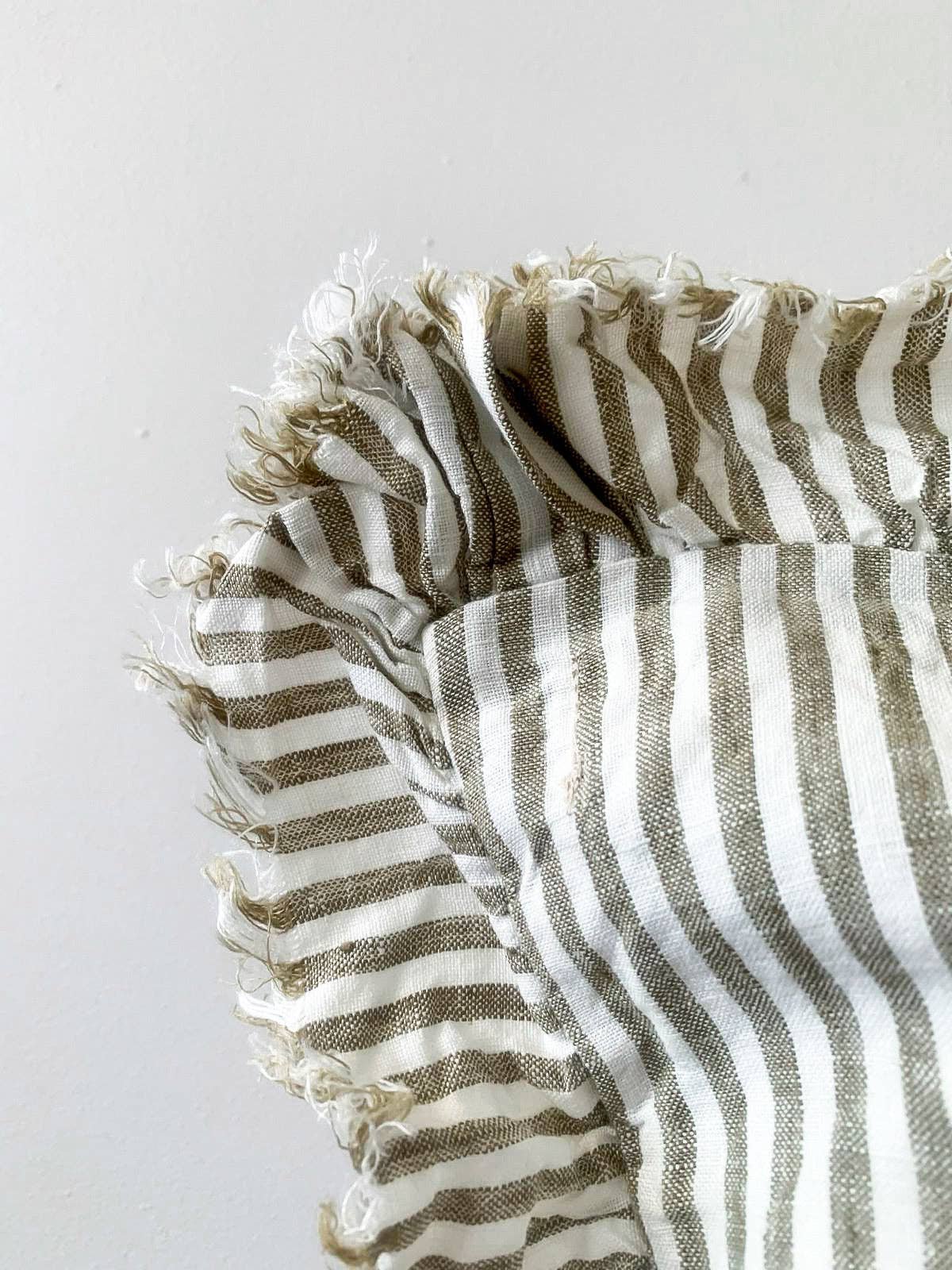 Frayed Edge Ruffle Cushion Cover- Olive Pinstripes