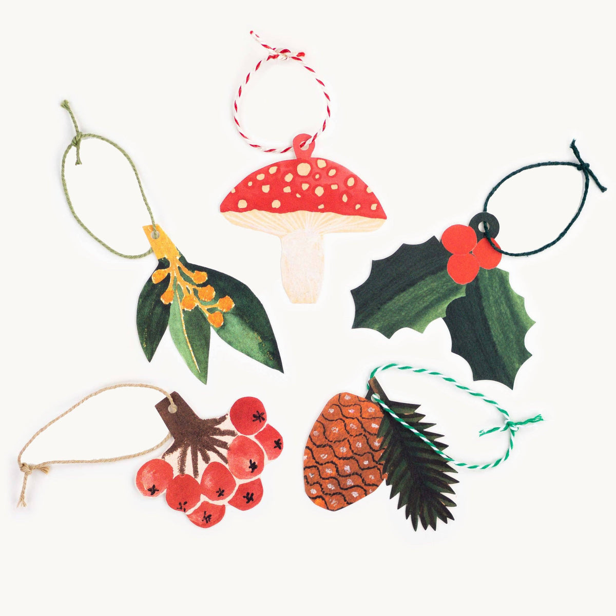 Set of five Hadley collaged festive gift tags with coloured string