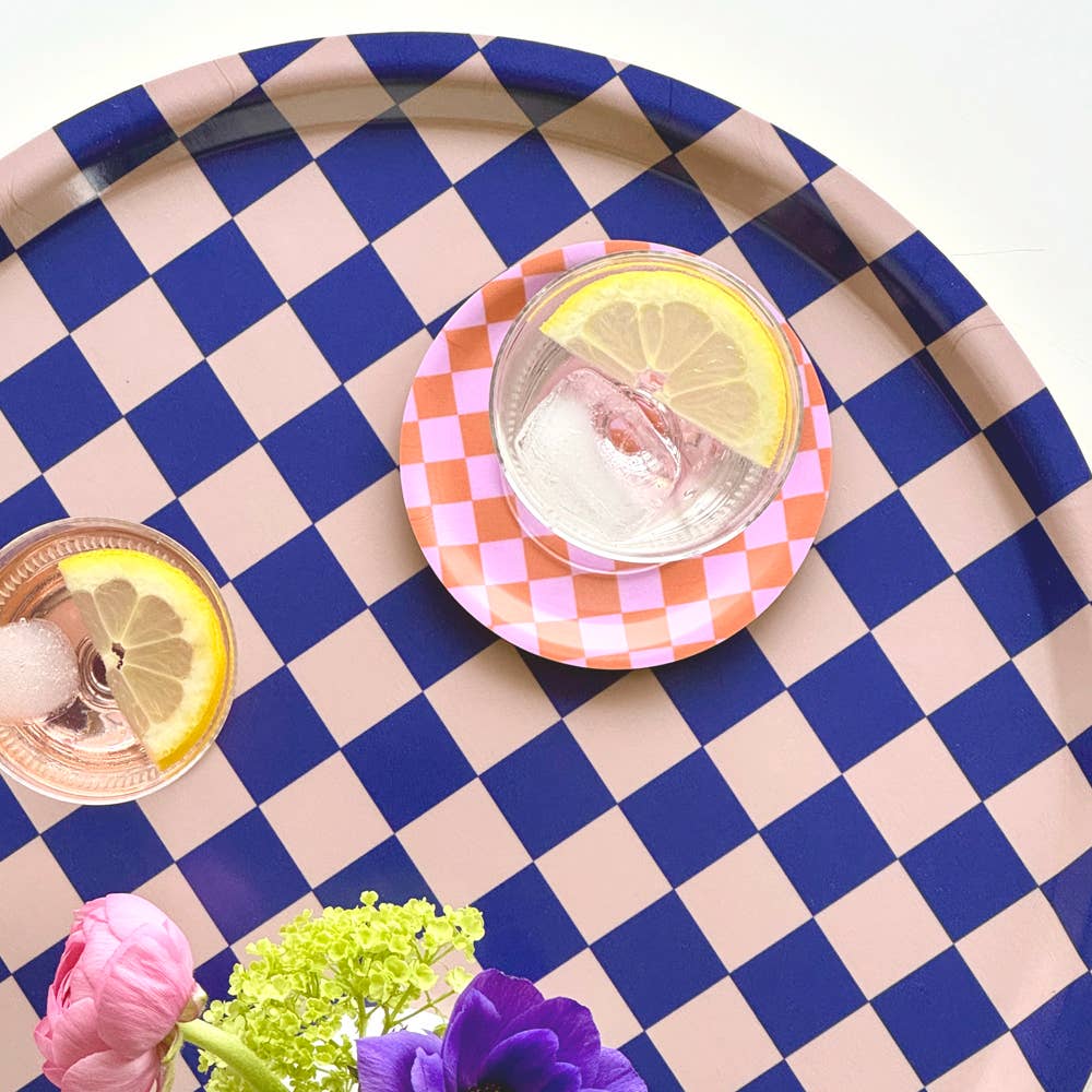 Indigo / Almond Checker Round Serving Tray - 38 cm