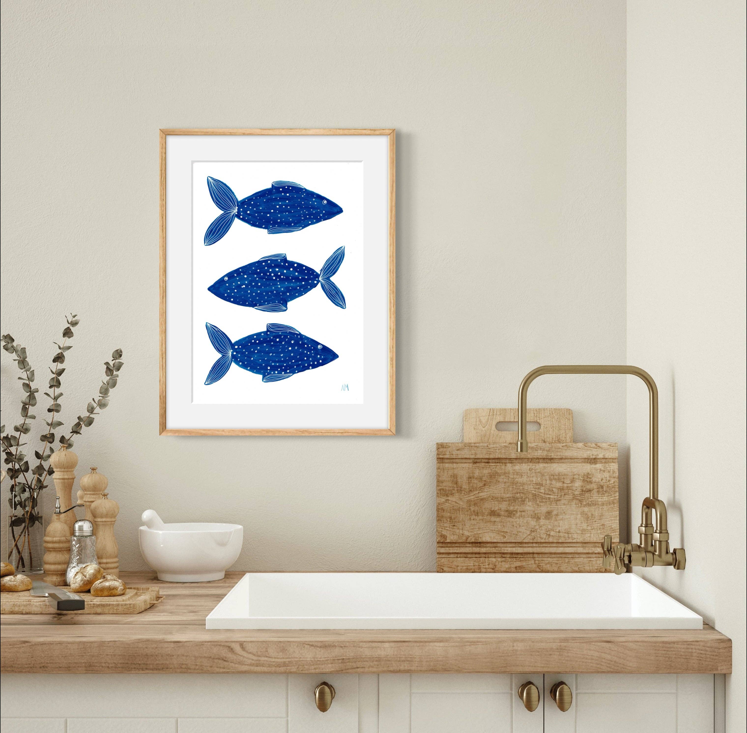 Three blue fish By Nancy McKie - Unframed