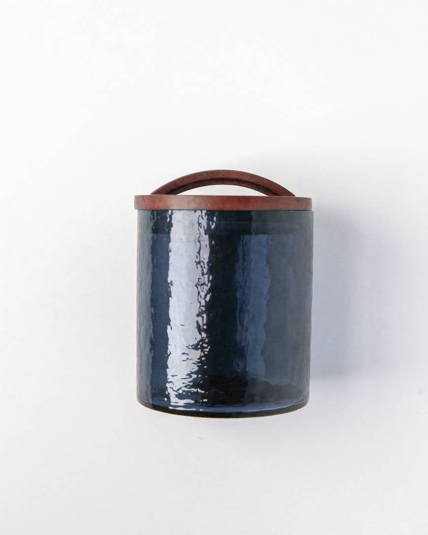 Small Handblown Hammered Glass Canister - Blue