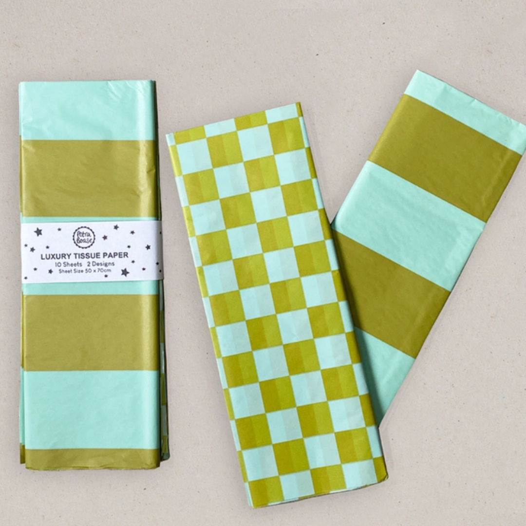 Luxury Tissue Paper Chequerboard/Stripe - Pale Olive/Turq