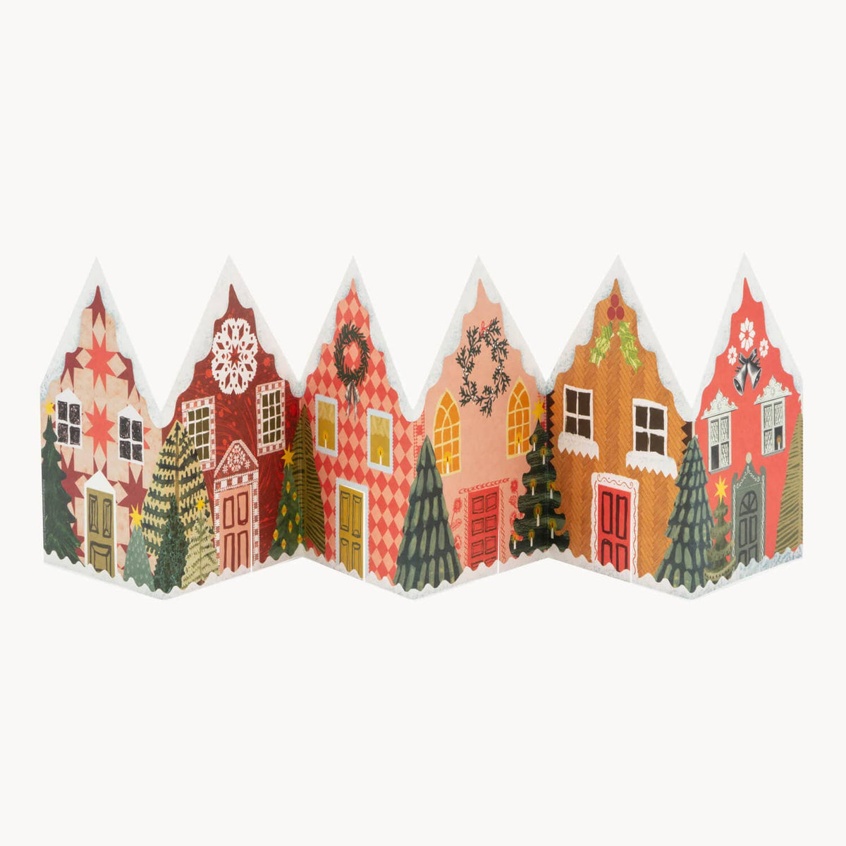 Hadley concertina card unfolded into a row of snowy Scandi style Christmas houses