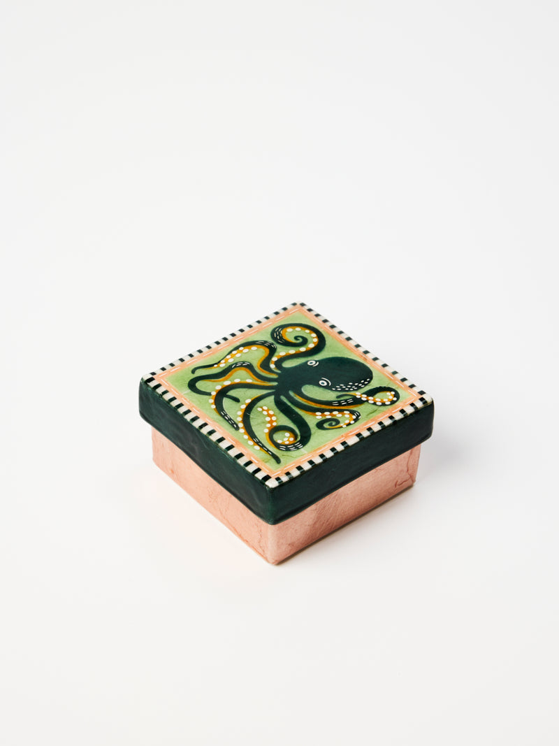 Octopus Trinket Box, small hand painted capiz shell trinket box with a sea green and peach pink octopus design