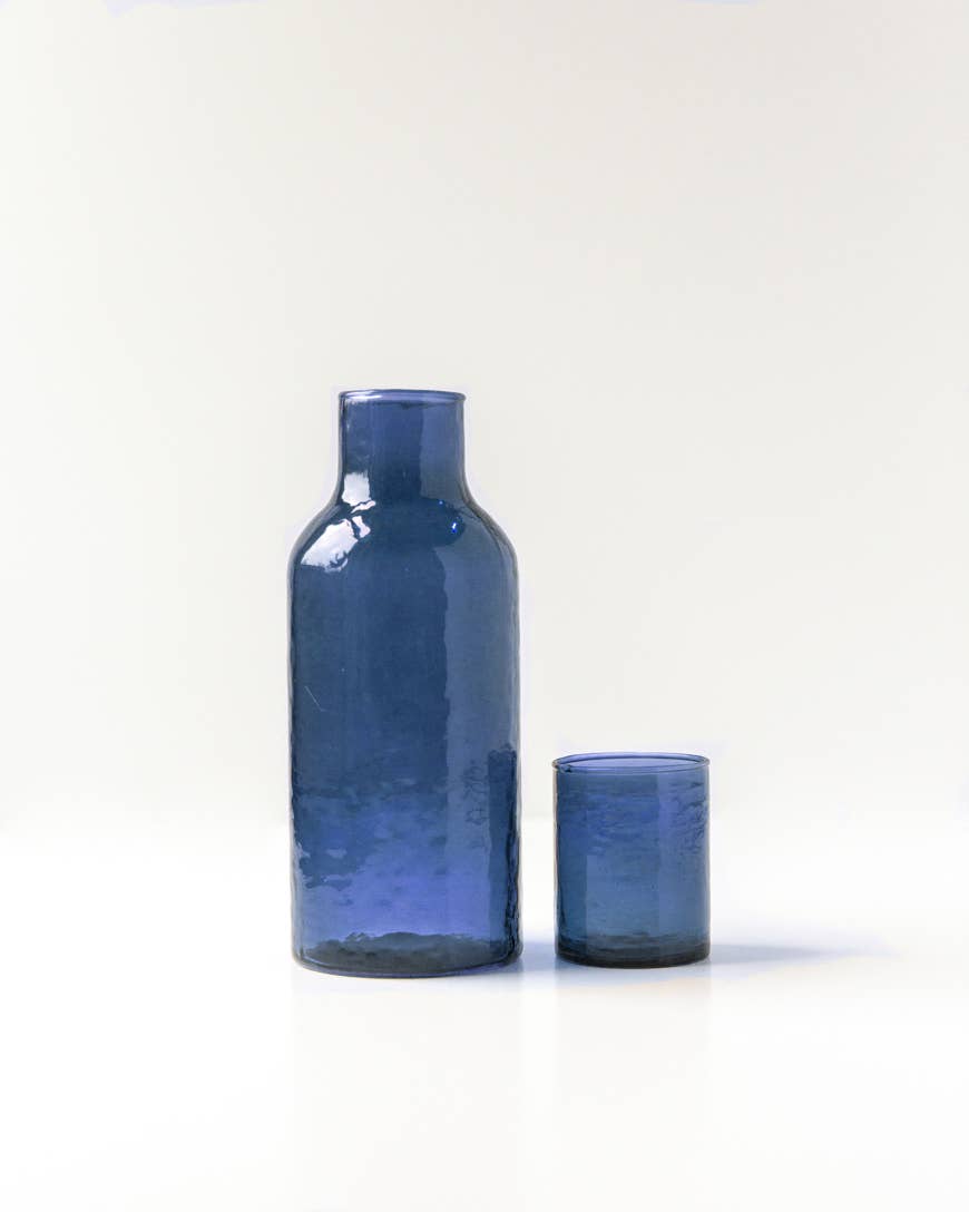 Handblown Hammered Glass Carafe - Blue